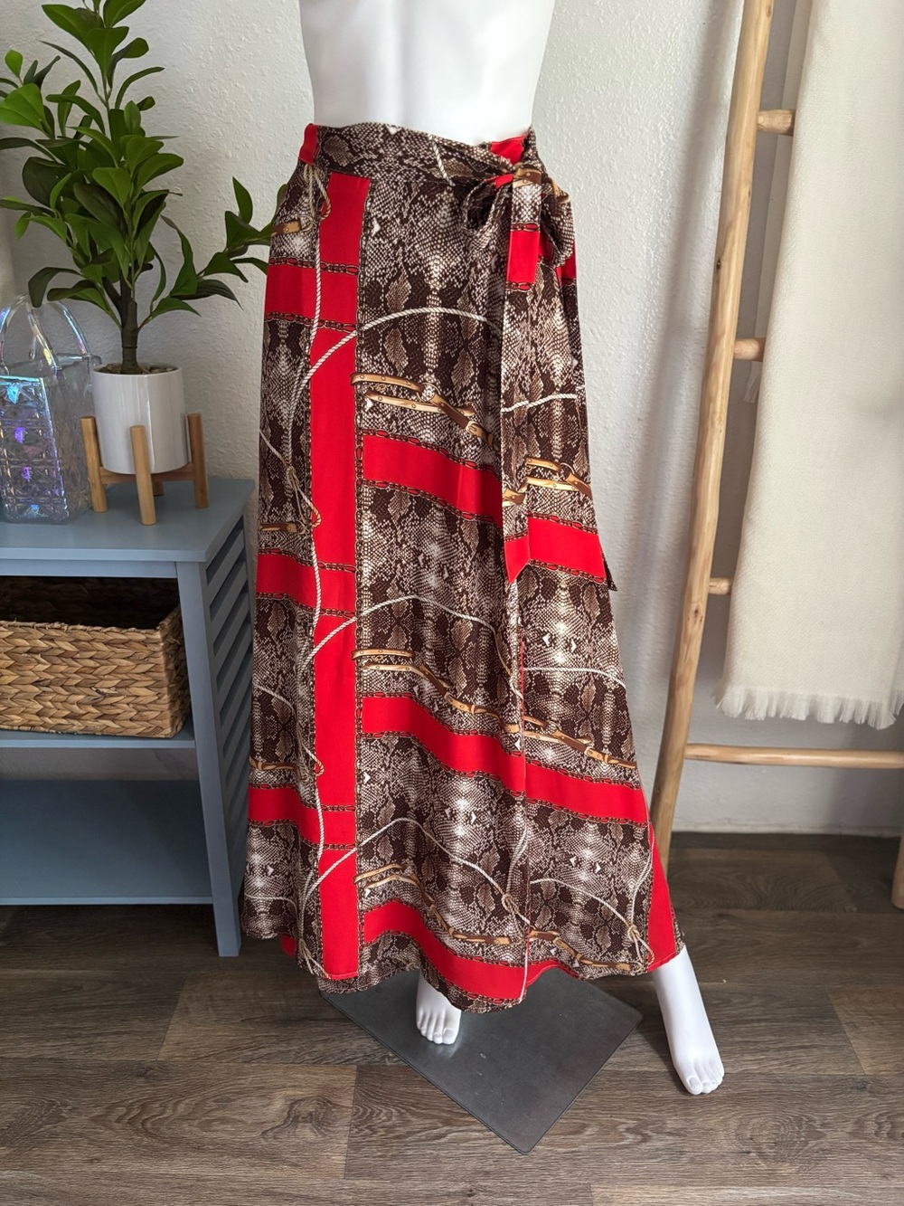 New York & Company Red and Brown Snake-Print Maxi Wrap Skirt